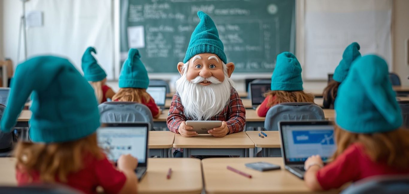 Ein Lehrer-Gnom mit weißem Bart sitzt vor Schülern in einer Klasse, alle tragen blaue Mützen.
